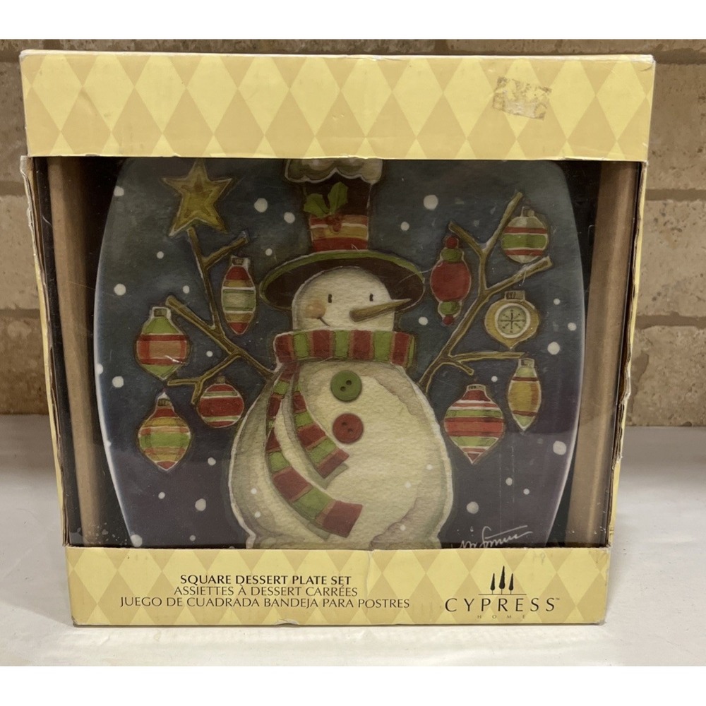 New 4 Set Cypress Home Snowman Believe Christmas Dessert Salad Plates 8" Square